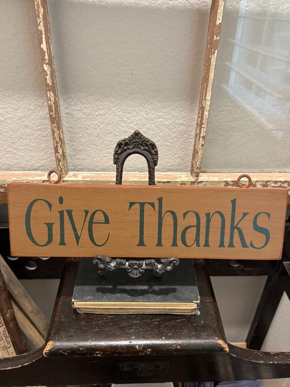 Give Thanks Wooden Wall Sign - Rustic Orange with Teal Lettering